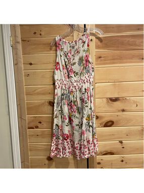 Bila Floral Midi Dress with Pink and Green Accents summer Breeze Boho Sz L